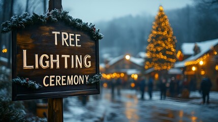Obraz premium Sign that reads “TREE LIGHTING CEREMONY” - Mountain town annual Christmas tree lighting - town square -festive - holiday decorations 