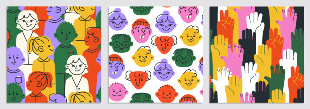 Diverse colorful people seamless pattern. Repeating templates with cute characters, hands and smiling faces. Friendship, community and team. Doodle vector illustration set