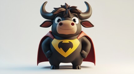 Fototapeta premium A cartoon bull character dressed as a superhero with a cape and emblem.