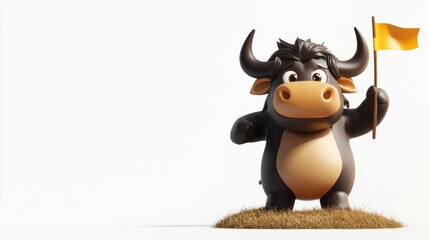 A cartoon bull character holding a yellow flag, standing on grass against a white background.