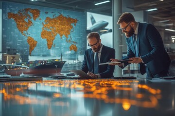 Partners reviewing global supply chains in a high-tech office, world map on the wall, cargo ships and planes in the background, detailed and realistic