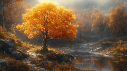 Fototapeta premium Golden Tree by a Stream in an Autumnal Forest