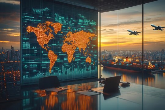 Partners reviewing global supply chains in a high-tech office, world map on the wall, cargo ships and planes in the background, detailed and realistic
