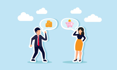 A businessman and businesswoman discussing finance, investments, or profits symbolized by coins and a piggy bank, illustration of Discussion on managing personal or business finances