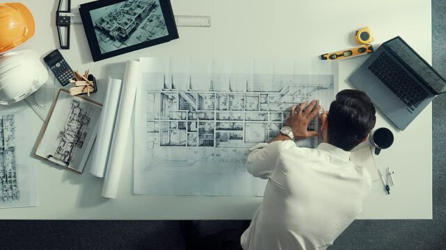 Top view of smart civil engineer drawing and measuring blueprint by using ruler. Aerial view of architect scatch building project plan at meeting table with equipment and safety helmet. Alimentation.
