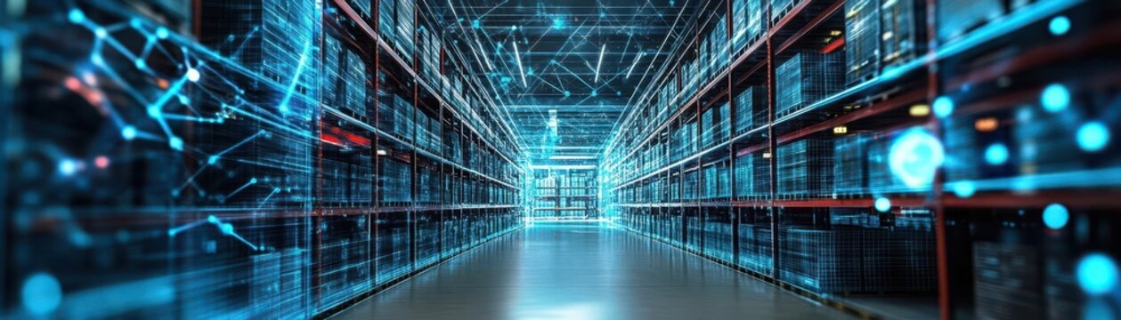 Smart logistics warehouse, global inventory management, holographic data control