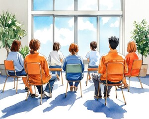 Obraz premium A group of diverse individuals attentively sits in chairs facing a bright window, showcasing a peaceful and collaborative atmosphere.