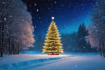 Peaceful Winter Scene with Christmas Tree Under Starry Sky and Soft Snowfall