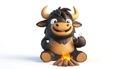 Naklejka premium A cheerful cartoon bull sitting by a campfire, roasting marshmallows.