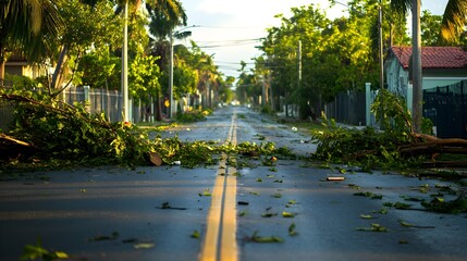 Naklejka premium A quiet residential street engulfed in chaos, with toppled trees, broken fences, and debris scattered across the road, a testament to recent turmoil