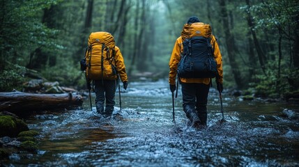 Hikers in yellow jackets trekking through a forest stream.