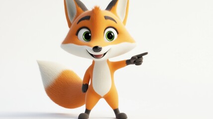 Obraz premium A cheerful cartoon fox character with green eyes, pointing playfully.