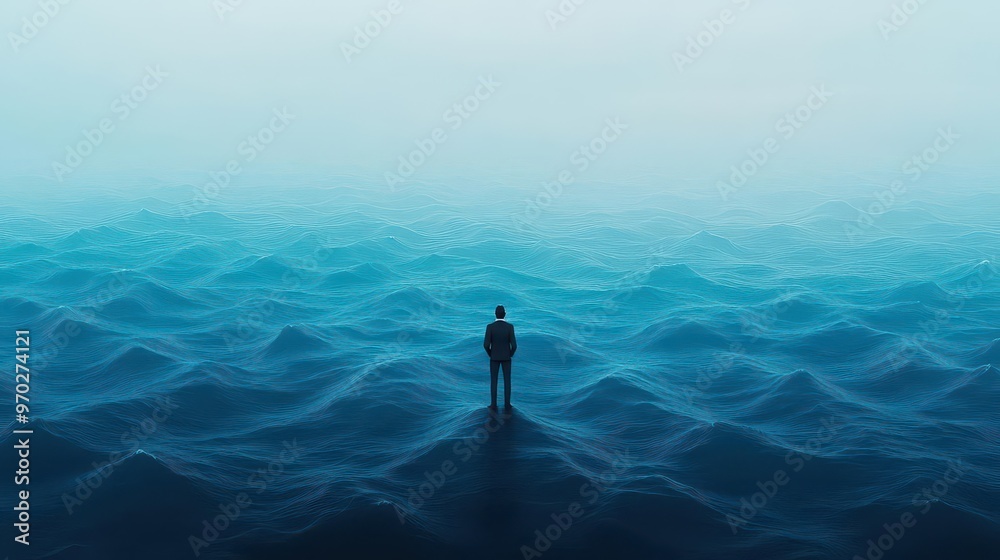 Poster A cybernetic trader standing over a sea of liquid assets, each wave representing a different global exchange rate