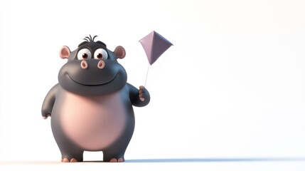 Naklejka premium A cheerful cartoon hippo holding a kite, exuding a playful and joyful vibe.