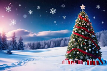 Obraz premium Stunning Winter Wonderland Featuring a Festive Christmas Tree Snowfall and Starry Night Sky