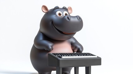 A cheerful cartoon hippo playing a keyboard, showcasing a fun and playful design.