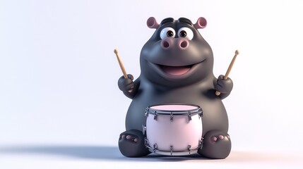A cheerful cartoon hippo playing a drum with drumsticks, exuding a fun and playful vibe.