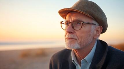 A thoughtful elderly man gazes into the distance with a serene beach sunset in the background, reflecting on life and memories.