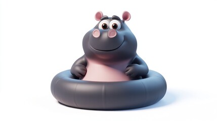 Fototapeta premium A cheerful cartoon hippo sitting in an inflatable ring, conveying a playful and fun vibe.