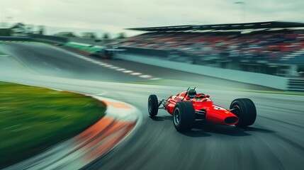 Winding Racetrack: Dynamic Shot of Driver Racing a Red Formula One Car with Grandstands in the Background Blurring from Motion