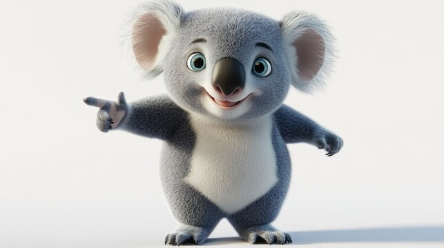 A cheerful cartoon koala character with a friendly expression and raised hand.