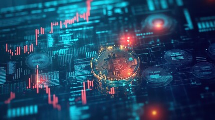 Obraz premium A digital landscape representing the concept of cryptocurrency markets, with glowing coins and complex algorithms