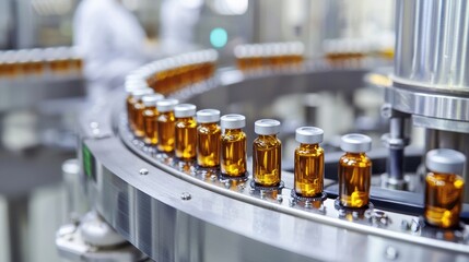 Amber Glass Bottles on Assembly Line in Industrial Brewery or Distillery