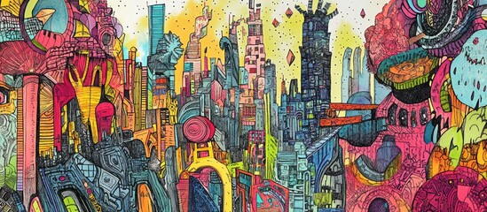 Hand drawn abstract representation of a vibrant city featuring fantastical elements and intricate structures Surreal landscape illustrated with ink on paper inspired by cityscapes and temples