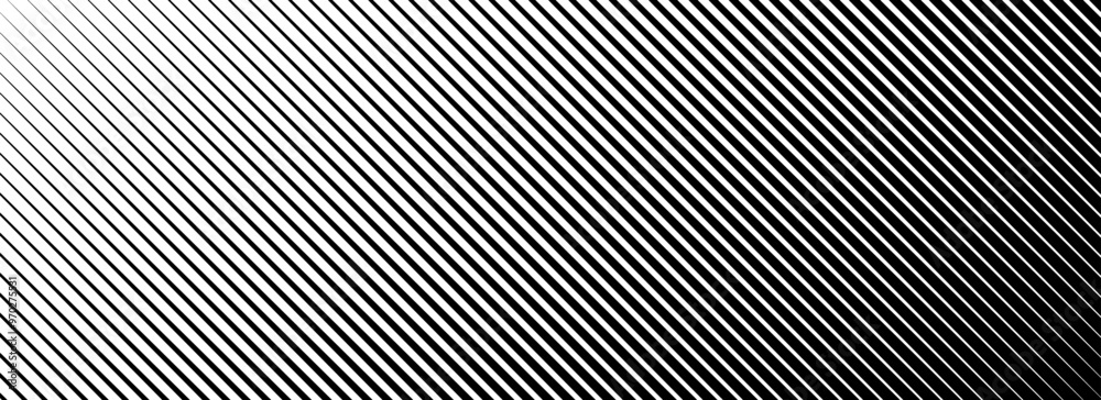 Poster Diagonal thin line halftone gradation texture. Fade oblique stripe gradient background. Black slant lines pattern backdrop. Vanishing parallel stripes wallpaper for overlay, print, cover. Vector