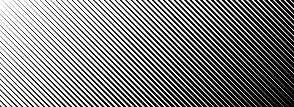 Diagonal thin line halftone gradation texture. Fade oblique stripe gradient background. Black slant lines pattern backdrop. Vanishing parallel stripes wallpaper for overlay, print, cover. Vector