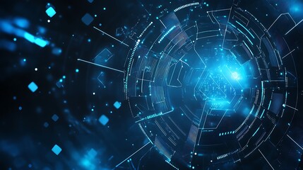 A glowing blue abstract sphere with digital lines and shapes.