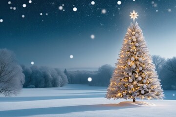 Elegant Winter Tree in Tranquil Snowy Landscape with Unique Christmas Tree and Sparkling Frost