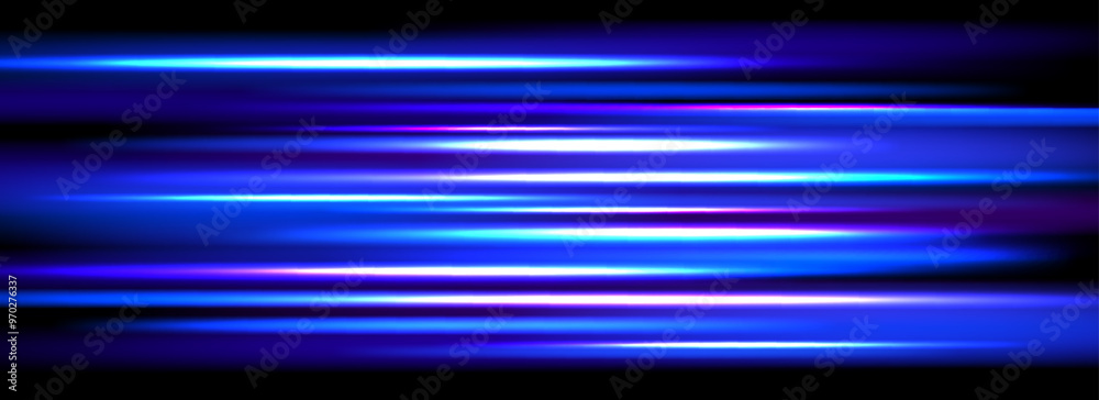 Poster neon glowing horizontal stripes background. blue purple speed light effect. magic trail flare lines 