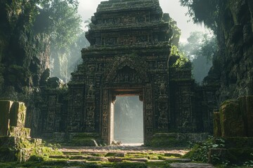 Obraz premium Ancient 8-Bit Jungle Temple Ruins Covered in Moss Surrounded by Open Ground Copy Space