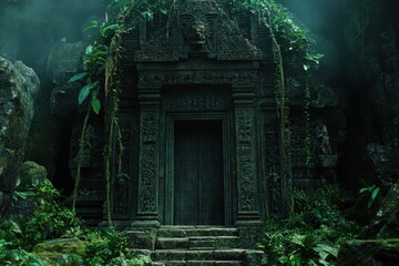 Mystical Pixelated Temple Entrance in Lush Jungle Setting with Clear Canopy Copy Space for Text Overlay
