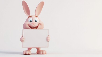 A cheerful cartoon rabbit holding a blank sign, ready for customization or messaging.