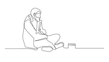continuous line drawing of beggar.one line drawing of homeless man.single line vector illustration