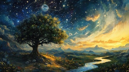 Surreal portrayal of existence and eternal life featuring a cosmic compass enchanted tree and a river of stars as symbols of psychology