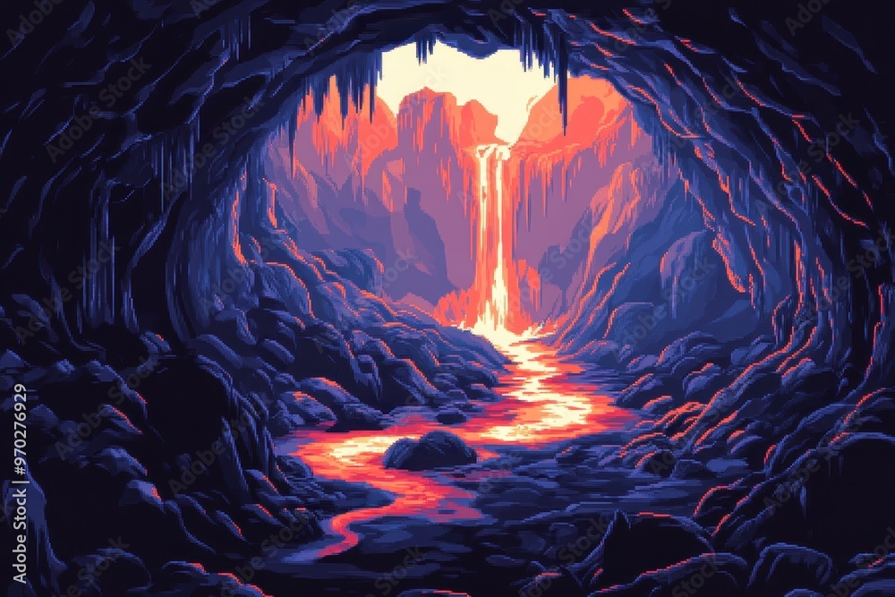 Fototapete retro pixel lair with lava flows and rocks, copy space for text - vintage video game style backgroun