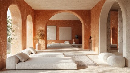 Stylish room interior with Peach Fuzz accents, warm and contemporary