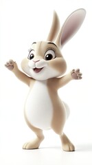 Fototapeta premium A cheerful cartoon rabbit with a light brown and white coat, standing with arms raised in joy.