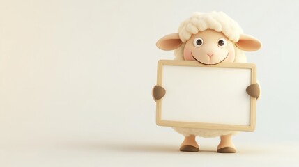Obraz premium A cheerful cartoon sheep holding a blank sign, ready for a message or announcement.