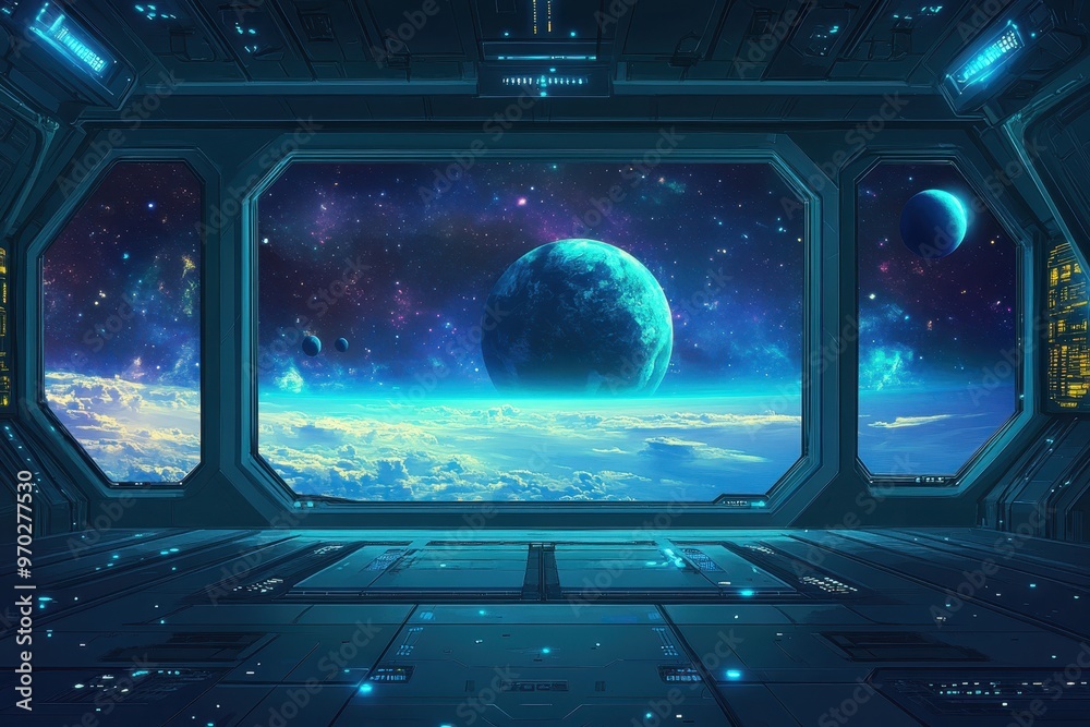 Fototapete Retro 8-Bit Space Station Background with Planets and Copy Space