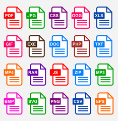 document file format or extension icon set on white. vector computer file type icons isolated