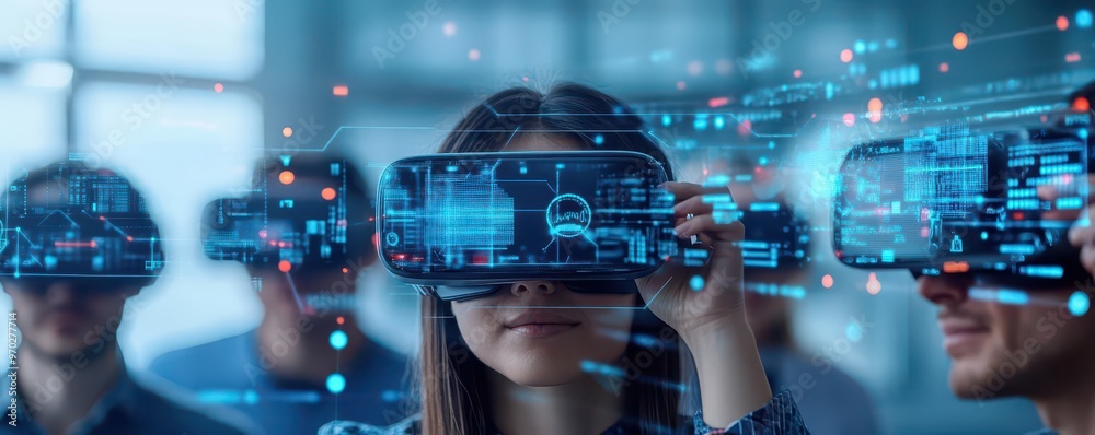 Aufkleber A futuristic Agile team using virtual reality headsets, surrounded by 3D data models and holograms that represent project timelines and risks