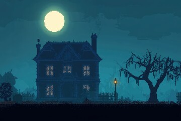 Haunted 16-Bit Mansion with Pixel Ghosts and Copy Space for Retro Video Game Backgrounds
