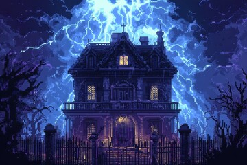 Fototapeta premium Vintage Haunted Mansion Silhouette with Pixelated Lightning in Sky - Spooky Retro Horror Background with Copy Space