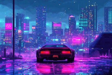 Vibrant 8-Bit Pixel Cityscape with Neon Signs and Cars on Blank Background for Text Design