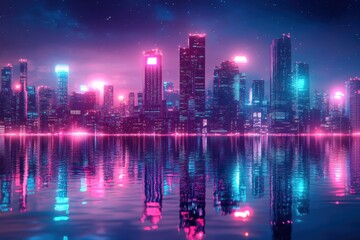 Glowing Retro Cyberpunk Cityscape with Copy Space for Text
