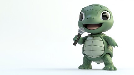 Obraz premium A cheerful cartoon turtle holding a microphone, ready to entertain or perform.